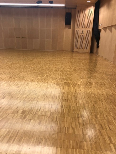 Ein leerer Raum mit Holzfu&szlig;boden und schallged&auml;mpften W&auml;nden