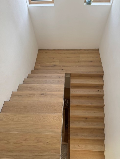 Holztreppe im Innenraum mit zwei Fenstern und Topfpflanze oben